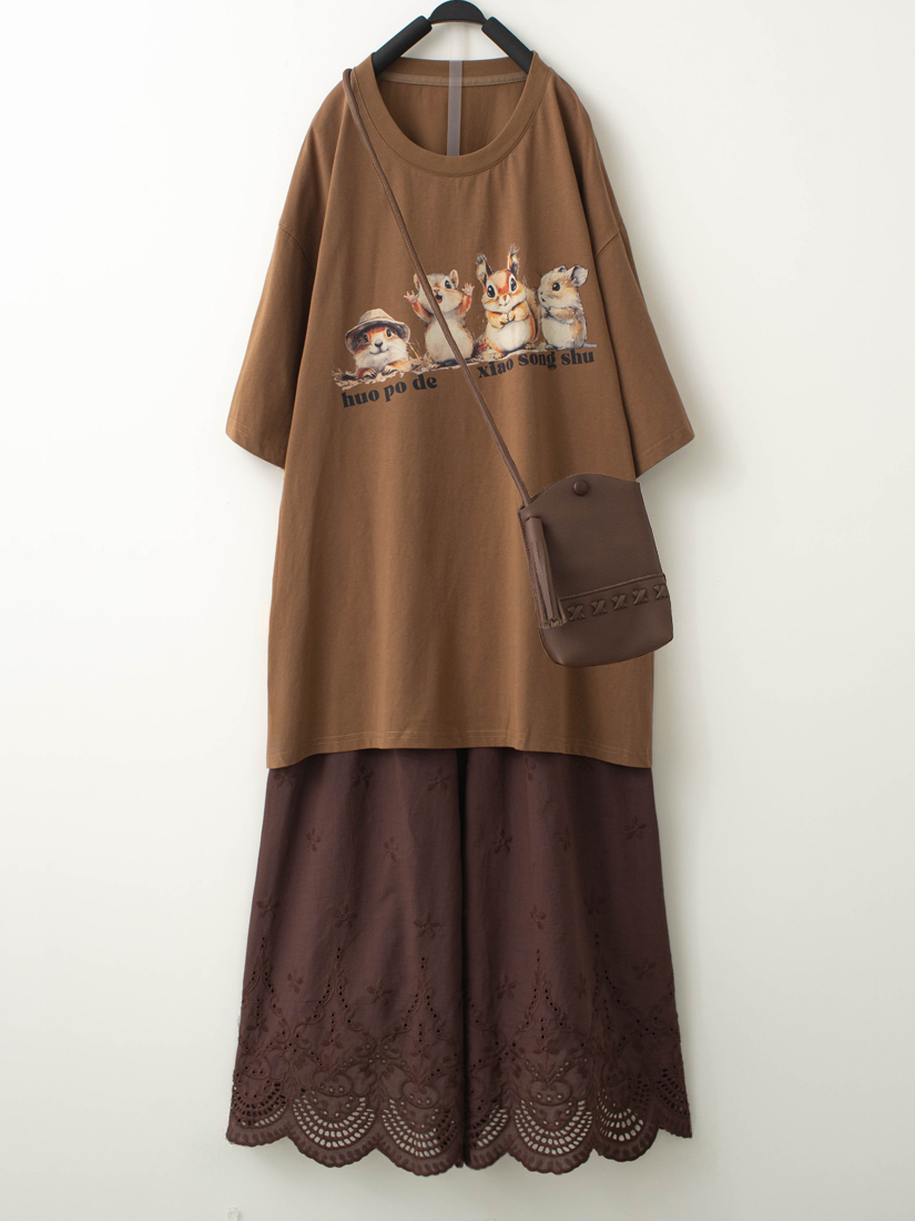 小松鼠落肩長版短袖上衣繡花純棉寬褲組合