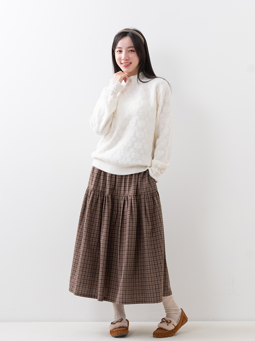 蕾絲珍珠針織上衣輕磨毛細褶口袋八分長裙