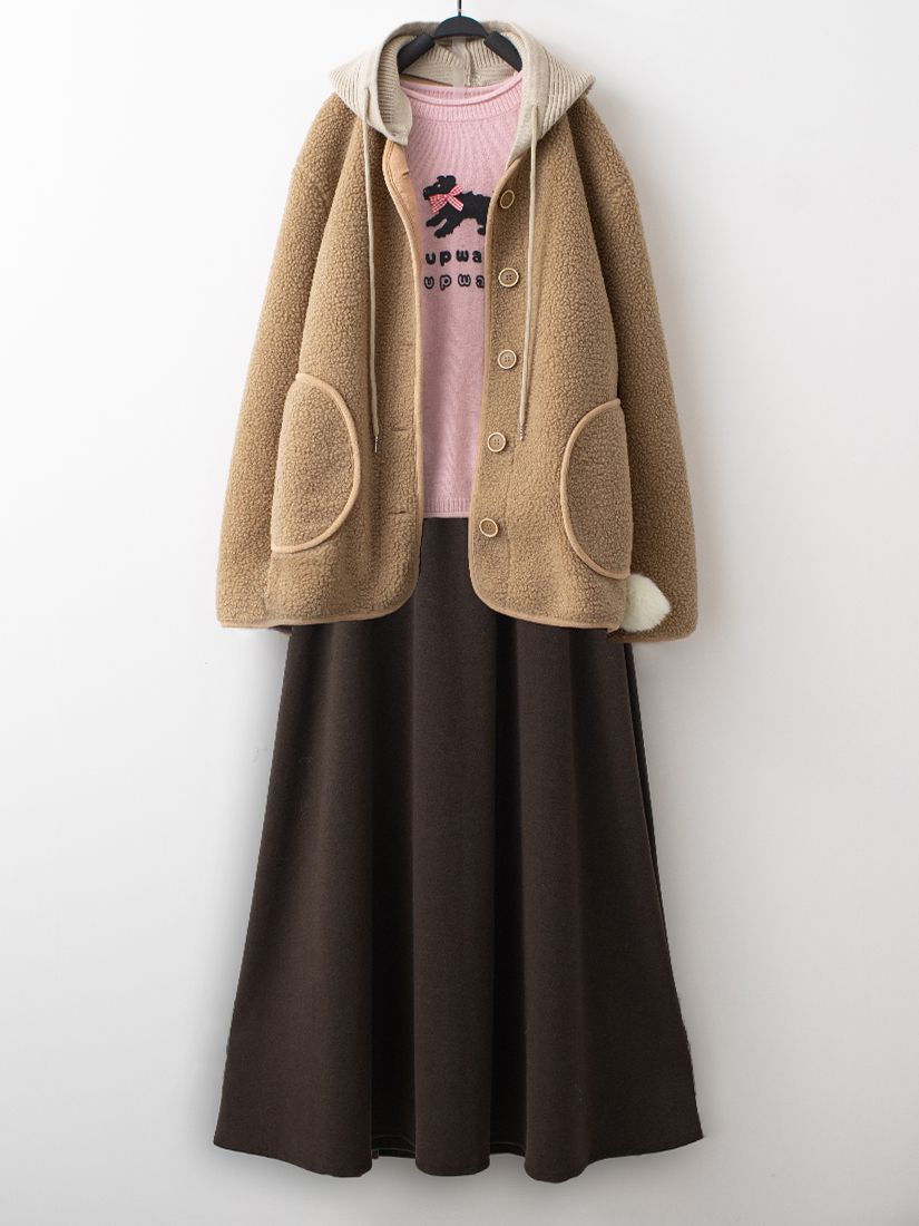 絨毛球針織連帽外套捲邊毛衣針織棉A字長裙