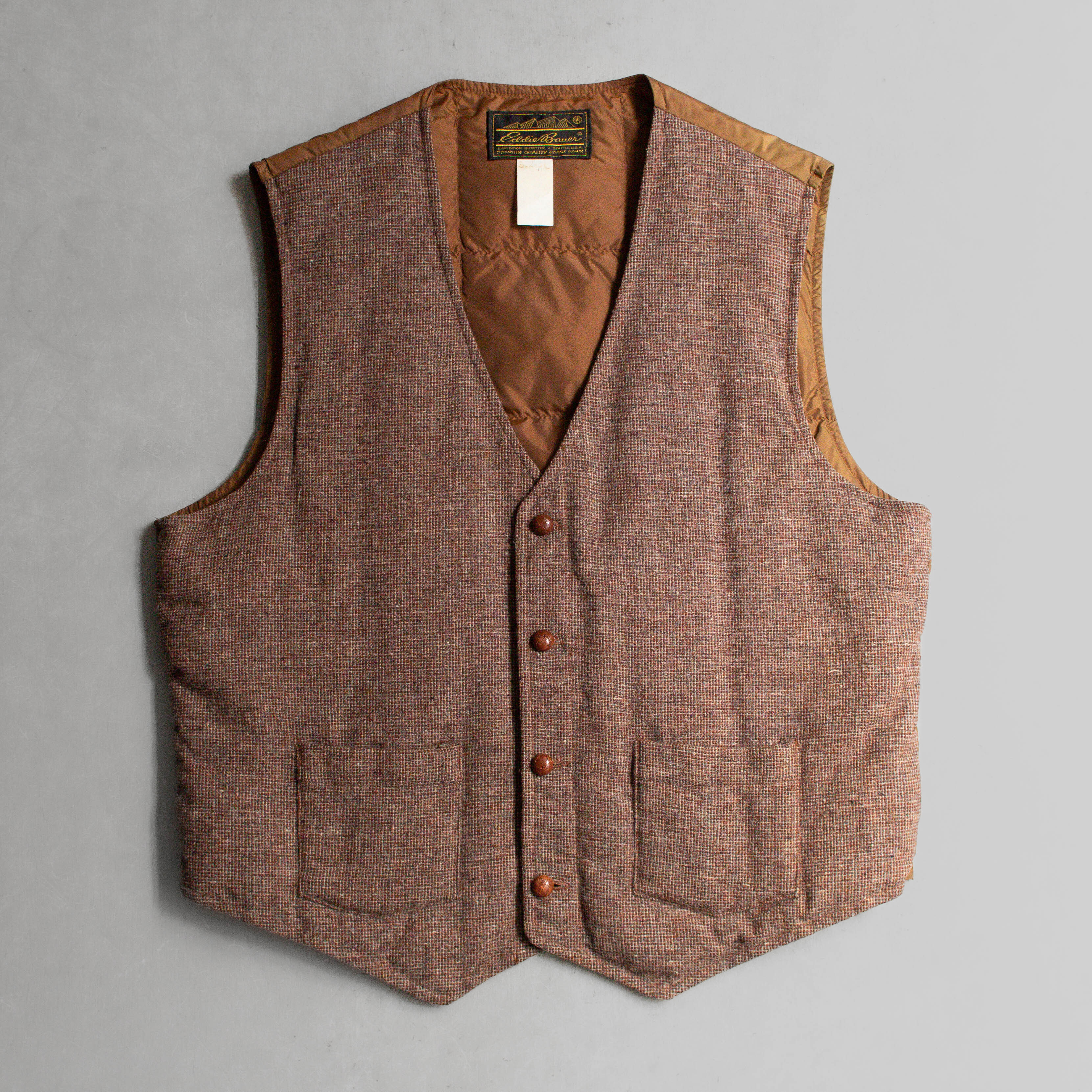 70S EDDIE BAUER DOWN TWEED VEST 美國製 棕色 毛呢 羽絨 背心