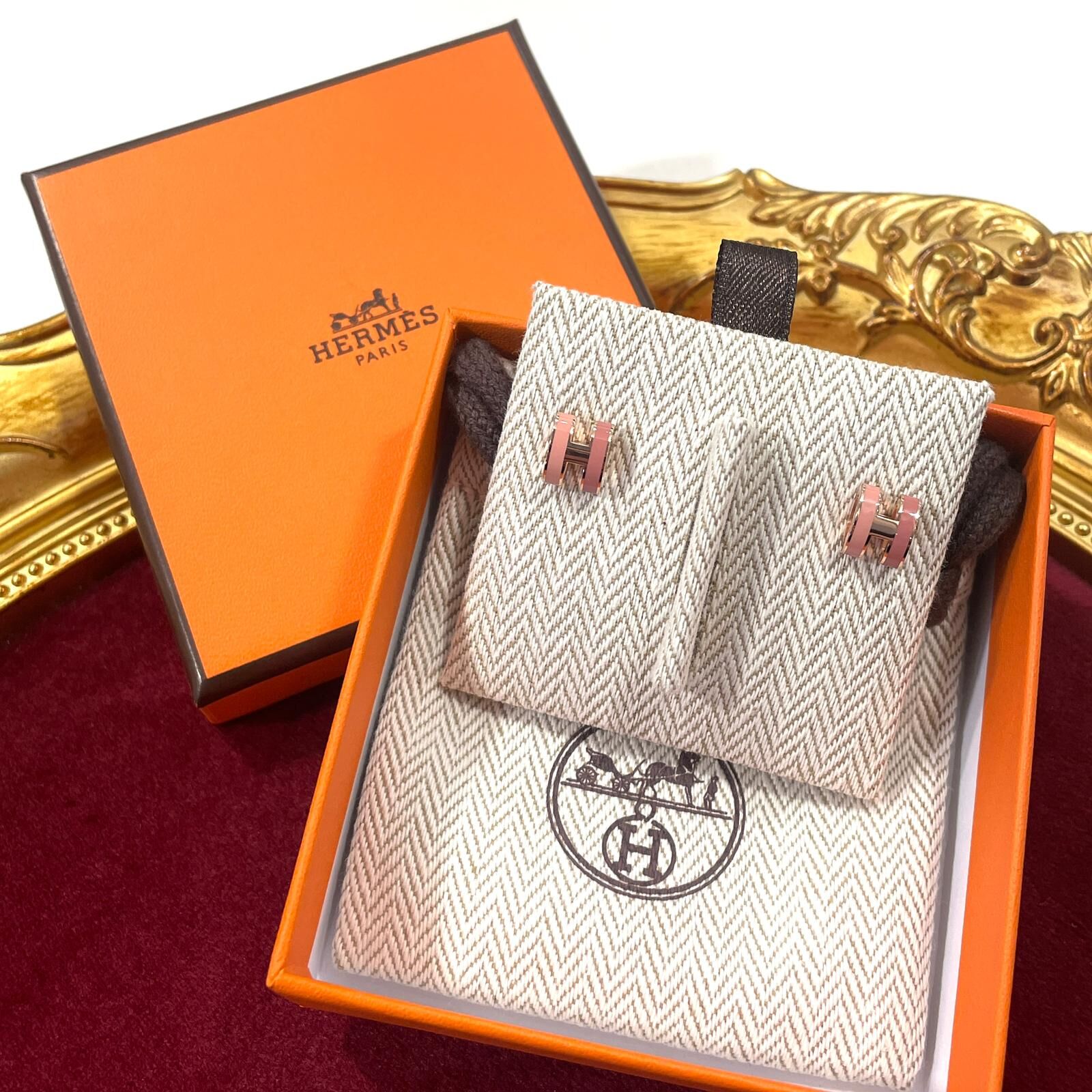 全新HERMES MINI POP H 雙拼耳環,玫瑰粉/玫瑰金扣Rose Gold Plated Earrings H100065F0B4 #BRAND NEW #香榭站正品