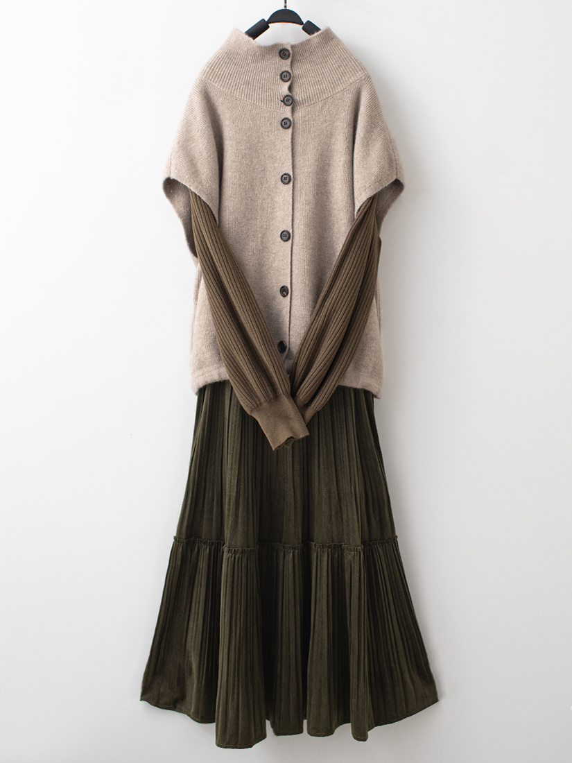 翻領針織背心羅紋針織毛衣法蘭絨蛋糕長裙