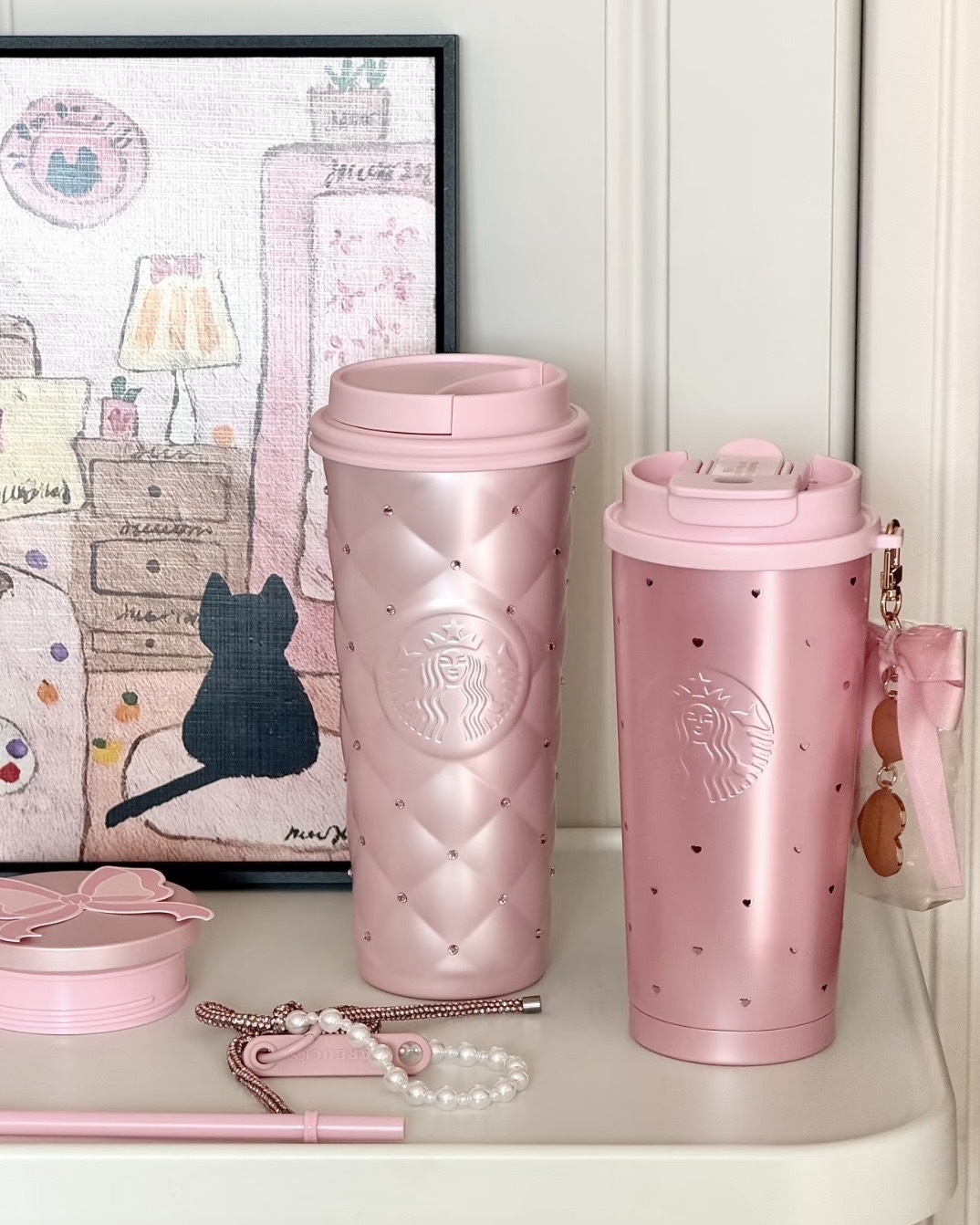 STARBUCKS 星巴克 2026 情人節限定 菱格紋鑽 愛心波點 吸管杯 隨行杯 水杯 保溫杯 不鏽鋼杯 桌面杯 雙蓋 / 預購
