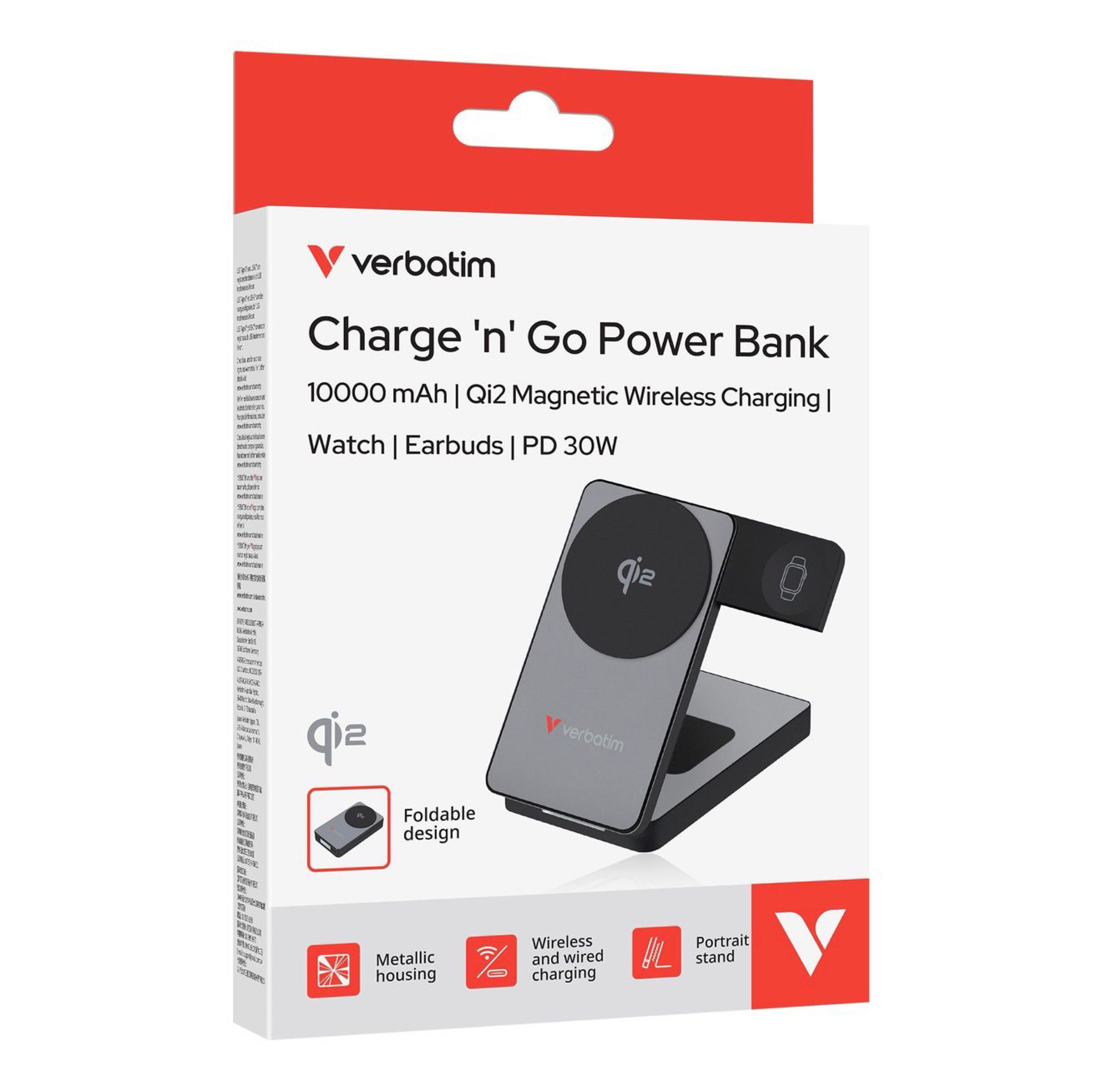 Verbatim Qi2 15W 磁吸三合一流動充 10000mAh (32295)｜PD 30W 快充、手機/手錶/耳機同時充 [中國 CCC 認證版]