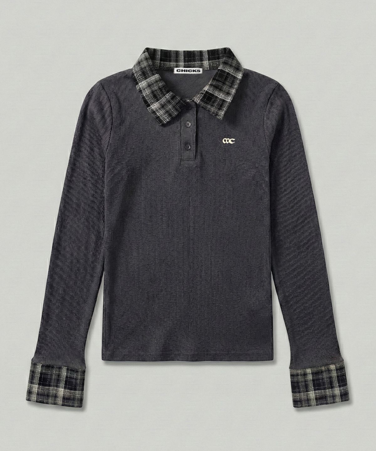 CHICKS Check Point Slim Collar Long-Sleeve