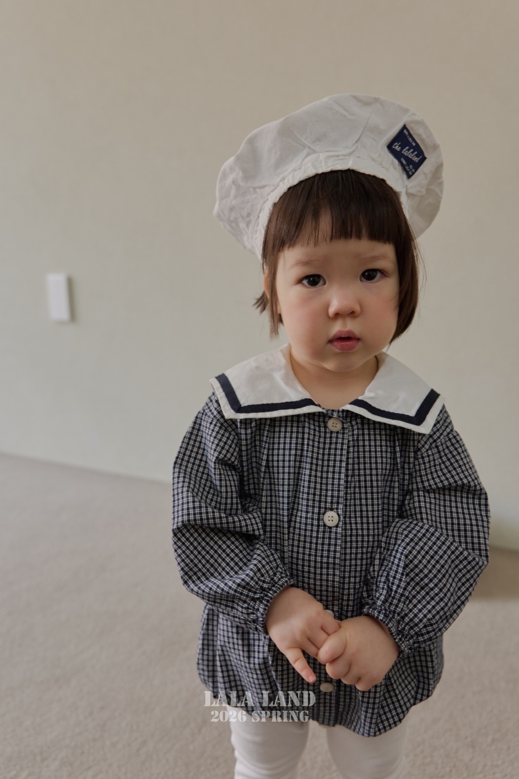正韓春lalaland 嫩嬰米白/格紋海軍領包屁衣