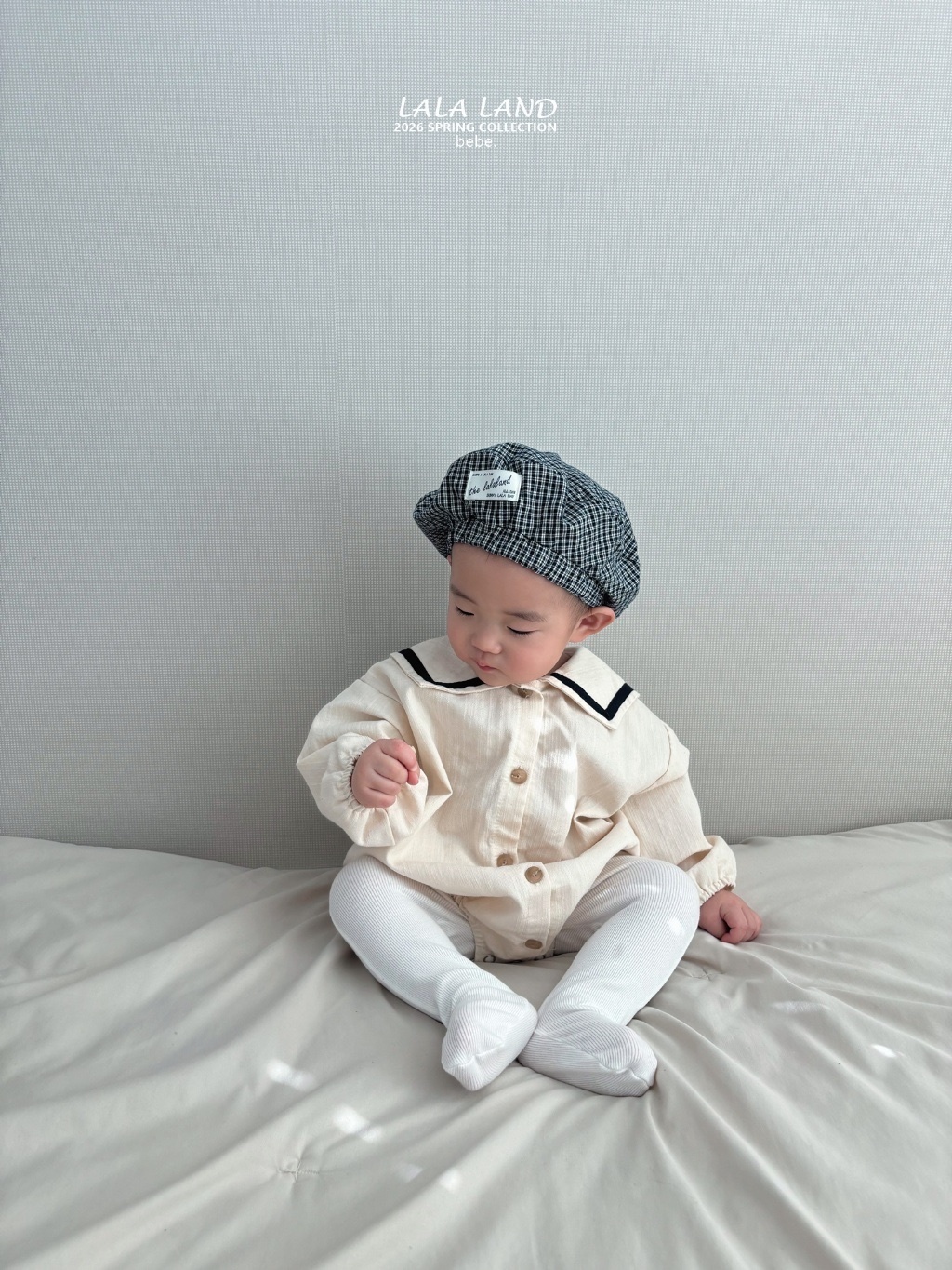 正韓春lalaland 嫩嬰米白/格紋畫家帽