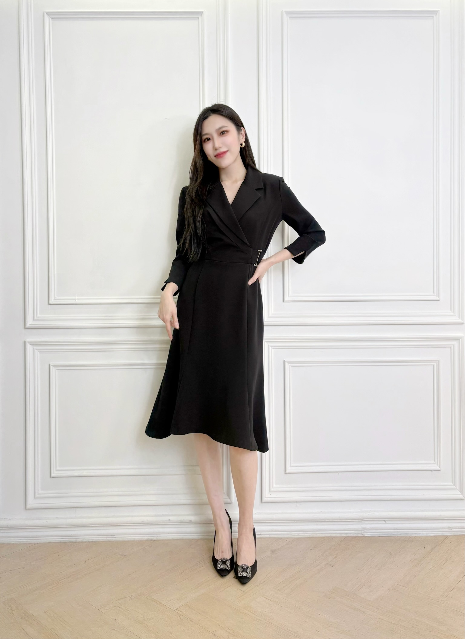 側釦翻領七分袖傘洋