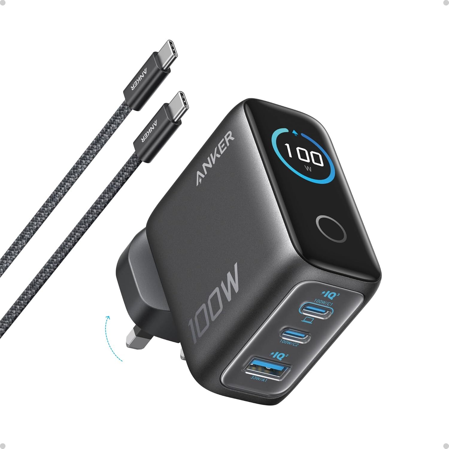 Anker Charger (100W, 3 Ports, Smart Display) 3輸出牆插充電器連 USB-C 充電線 B121B