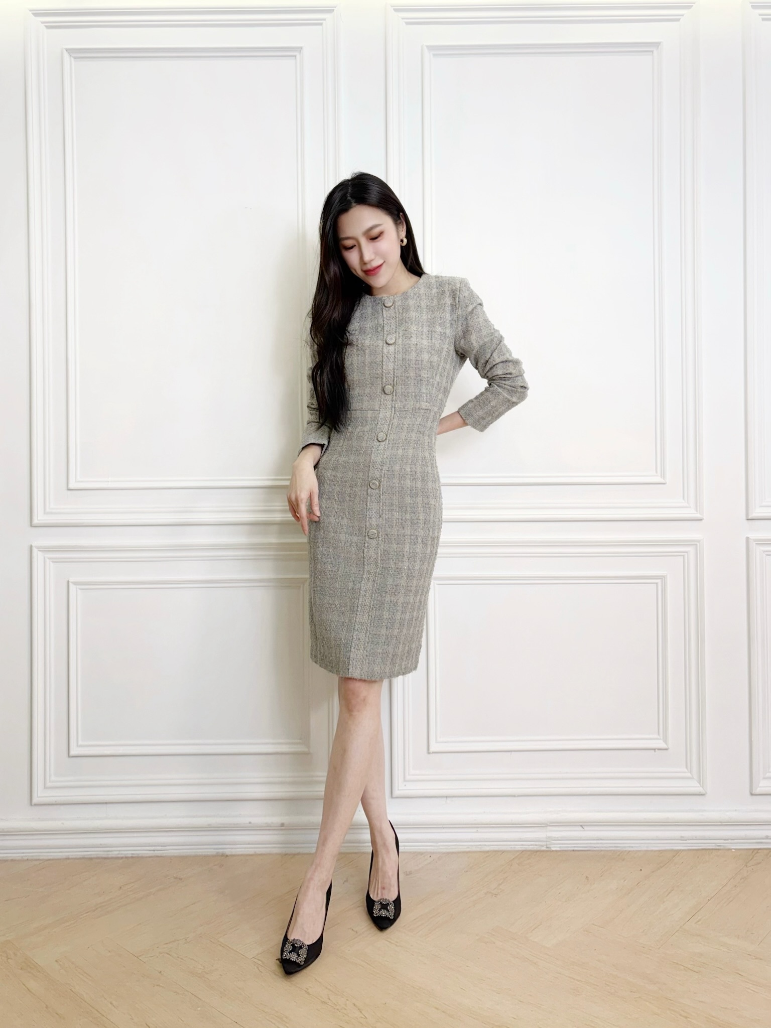 圓領織紋毛呢洋