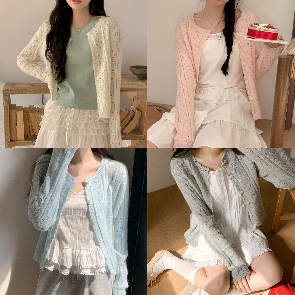 韓國grace muse授權 浪漫馬卡龍波邊編織感縷空開衫