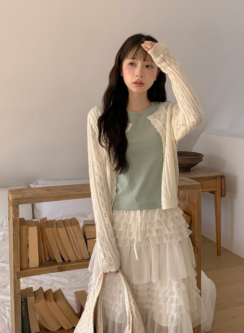 韓國grace muse授權 浪漫馬卡龍波邊編織感縷空開衫