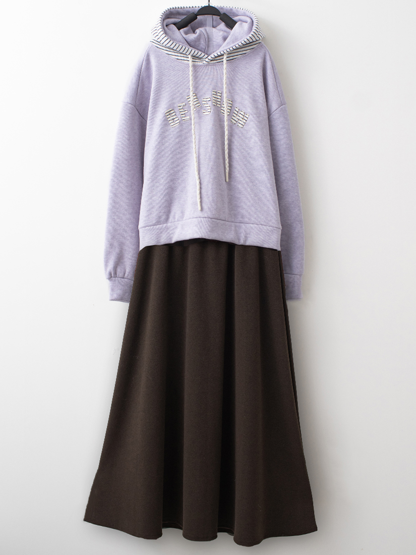 內絨毛條紋連帽上衣顯瘦針織A字長裙