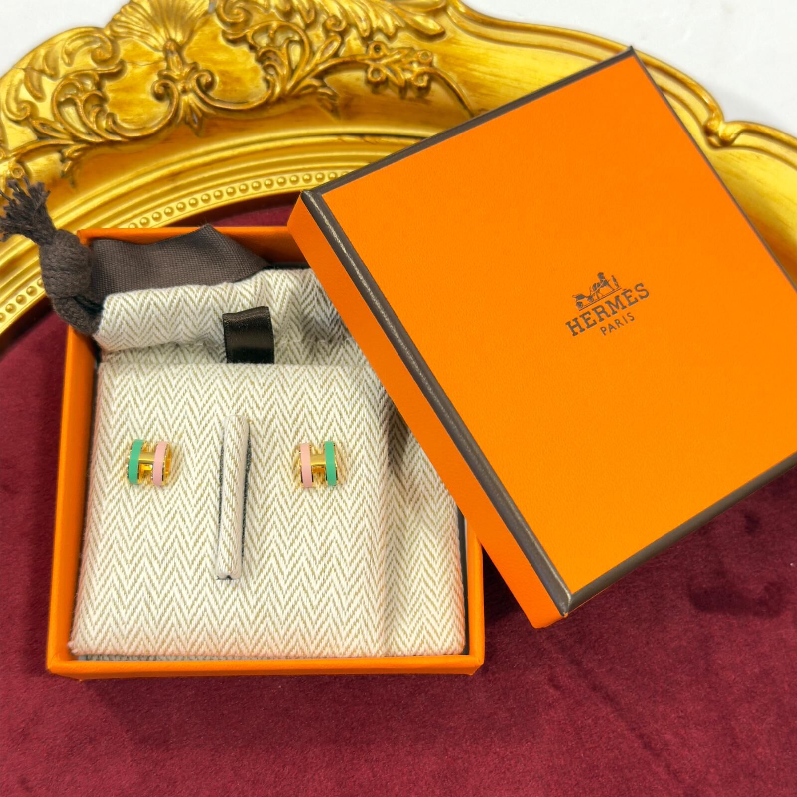 全新HERMES MINI POP H 雙拼耳環,粉/綠/金扣Rocabar Earrings H100065F B5 #BRAND NEW #香榭站正品