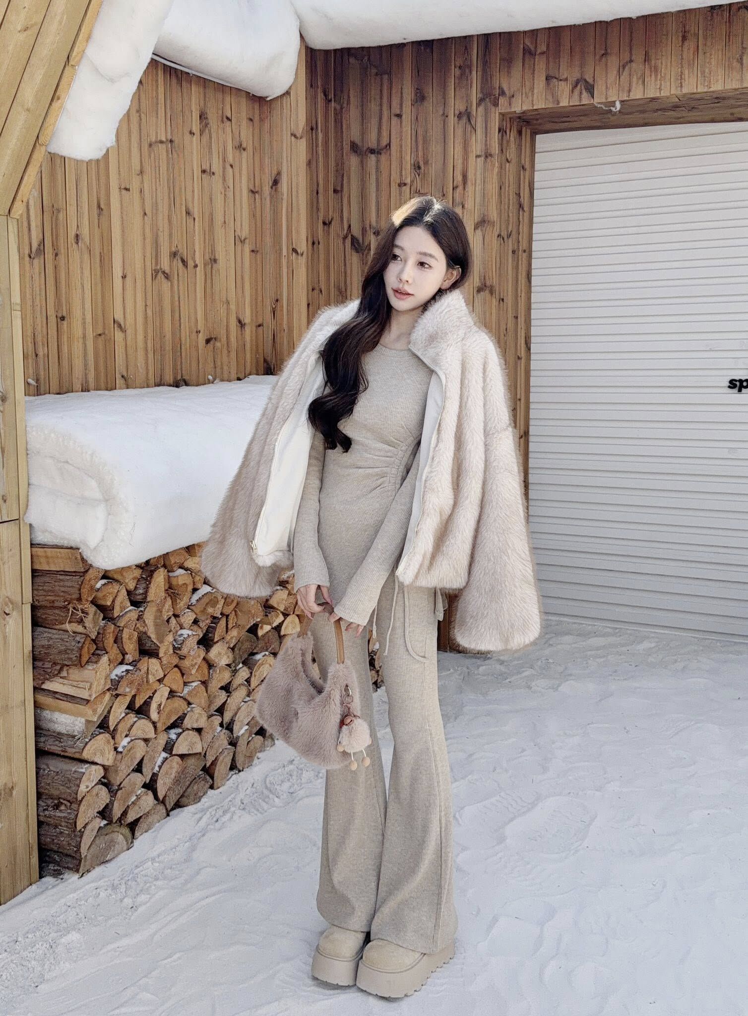 冬季溫柔感側開衩抽繩喇叭褲磨毛套裝🎇