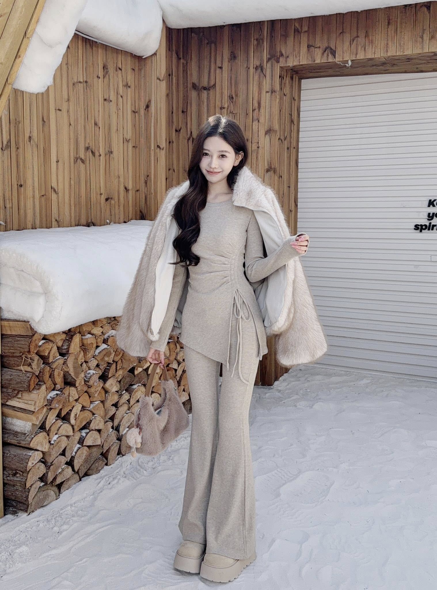 冬季溫柔感側開衩抽繩喇叭褲磨毛套裝🎇