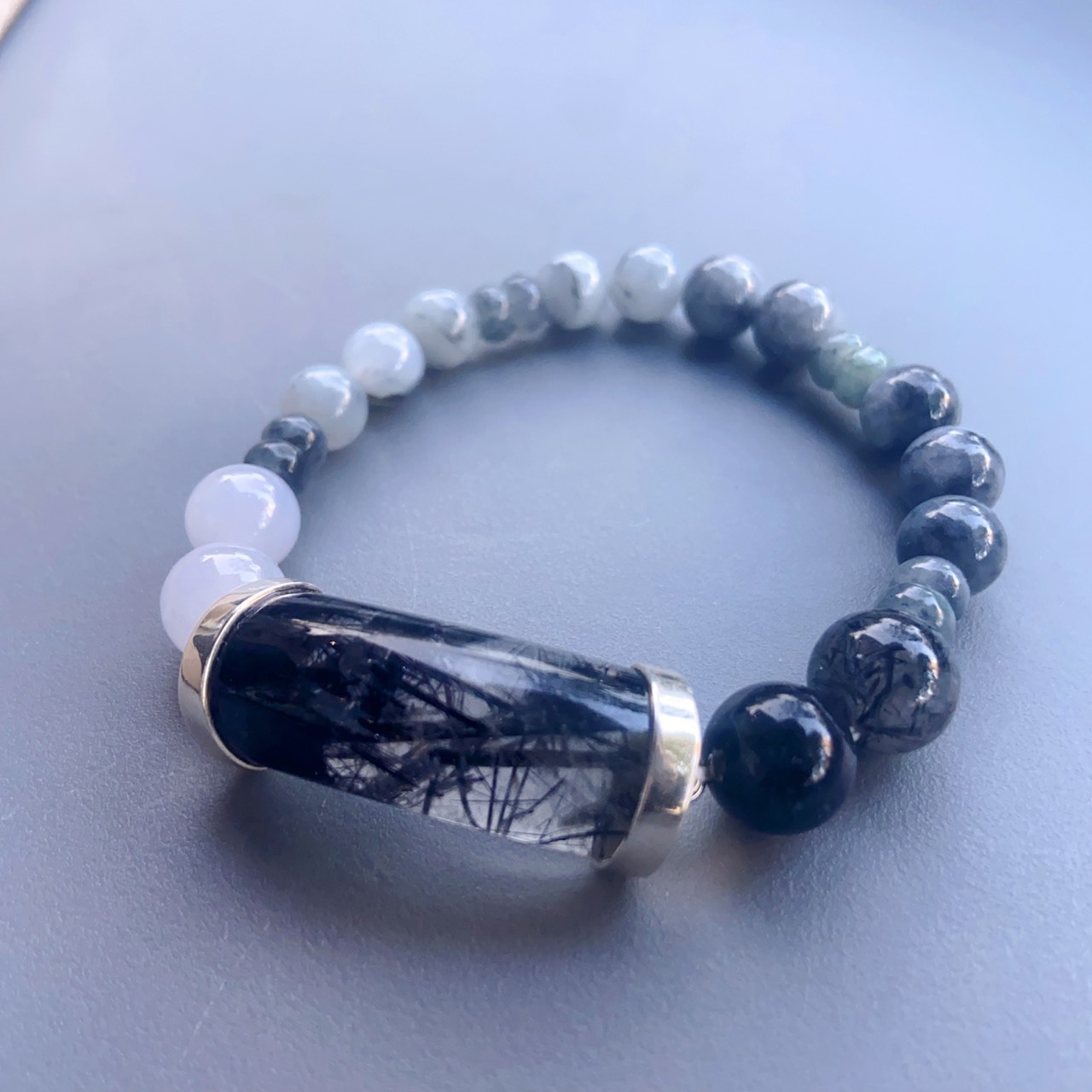 Black Rutilated Quartz_Black-and-White Jadeite bracelet