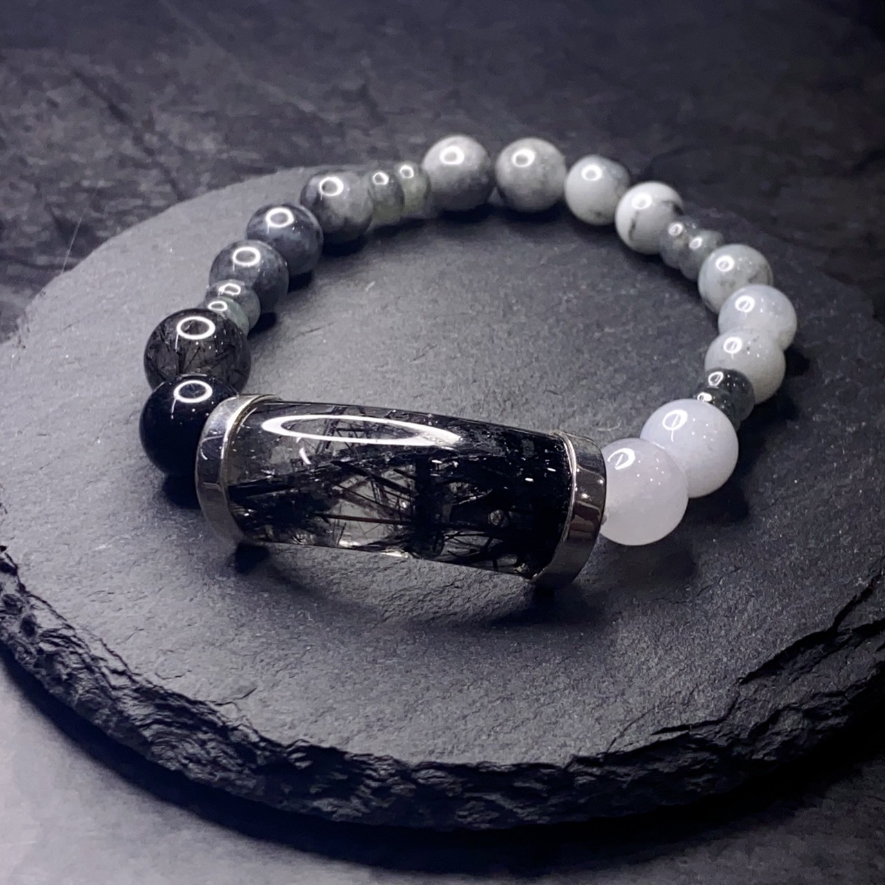 Black Rutilated Quartz_Black-and-White Jadeite bracelet