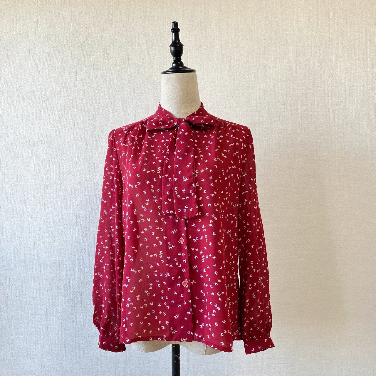 紅色雪紡質半月圖案古著上衣