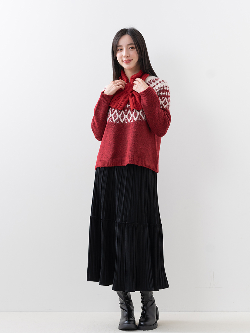 鬆軟毛織紋毛衣紋理壓褶絨面長裙組合