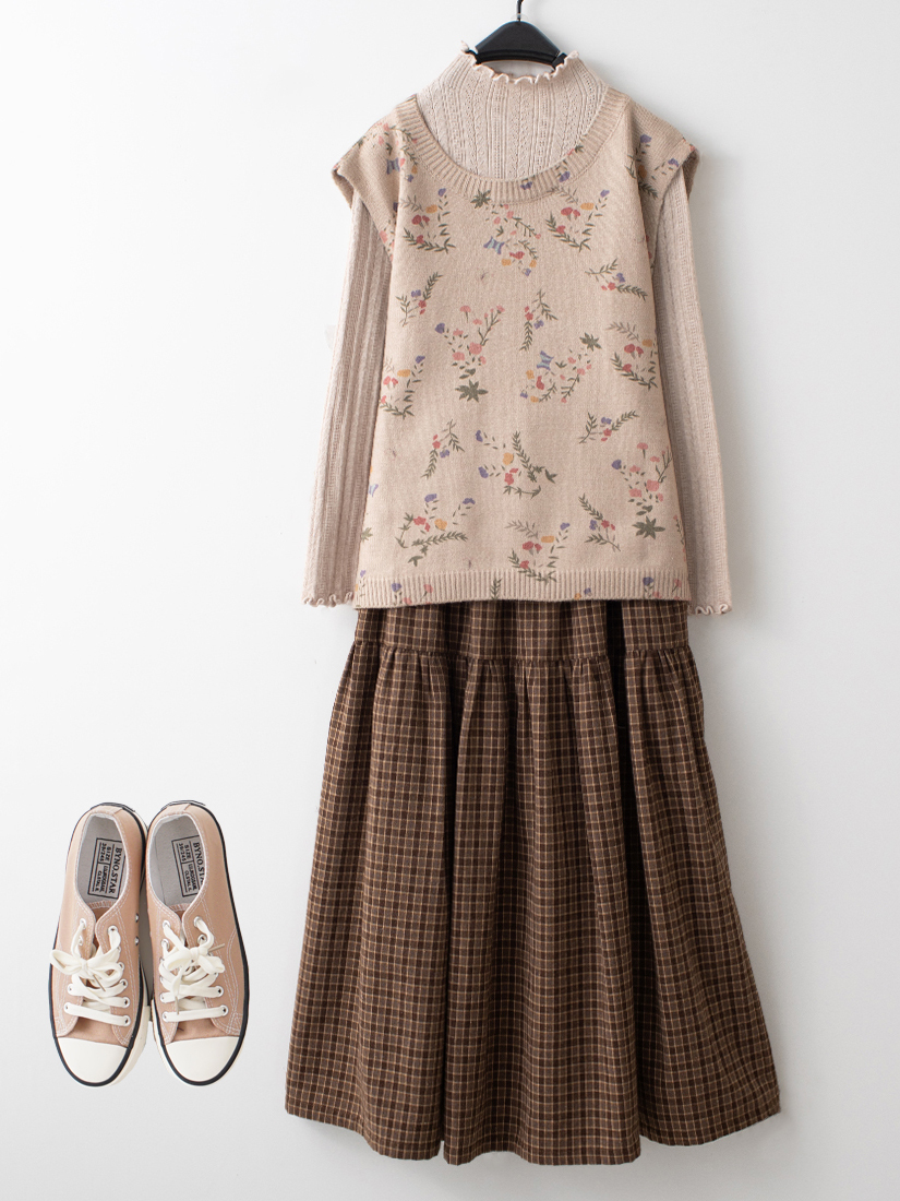 針織背心木耳邊針織上衣輕磨毛格紋長裙