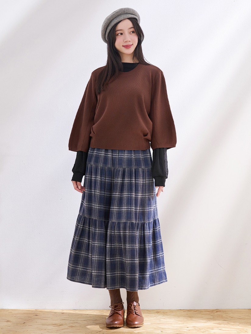 蓬袖針織上衣簍空蕾絲上衣格紋蛋糕裙組合