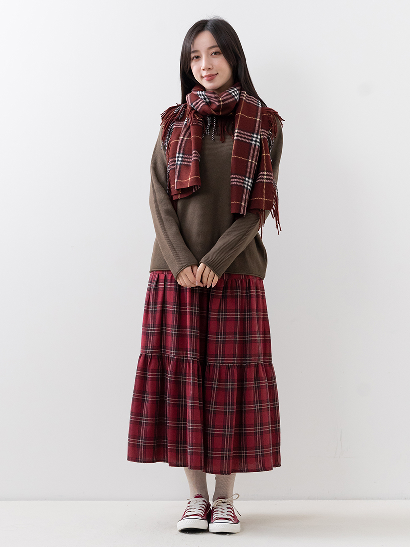 落肩羅紋針織上衣格紋法蘭絨蛋糕長裙組合