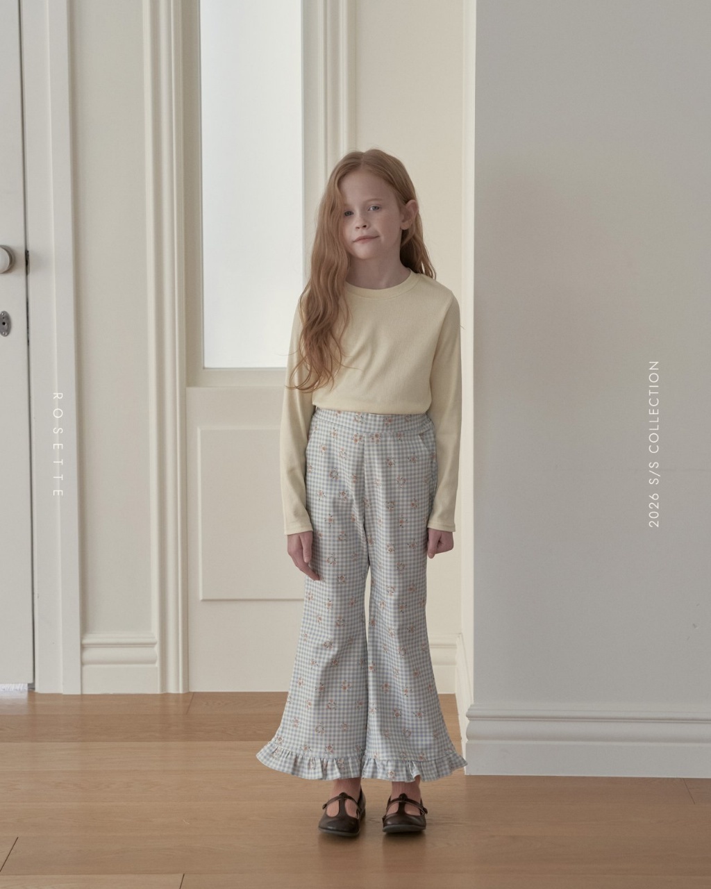 正韓春Rosette 兩色花朵格子喇叭褲