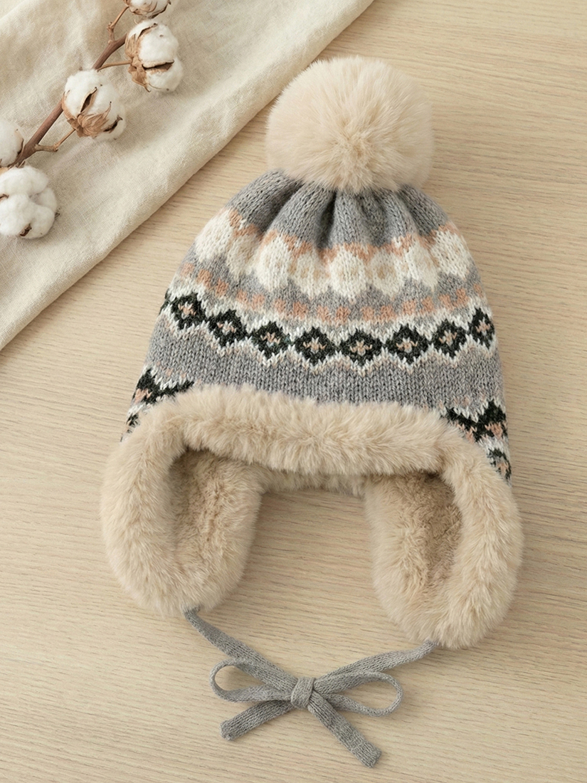 北歐圖騰加絨護耳球球造型針織帽