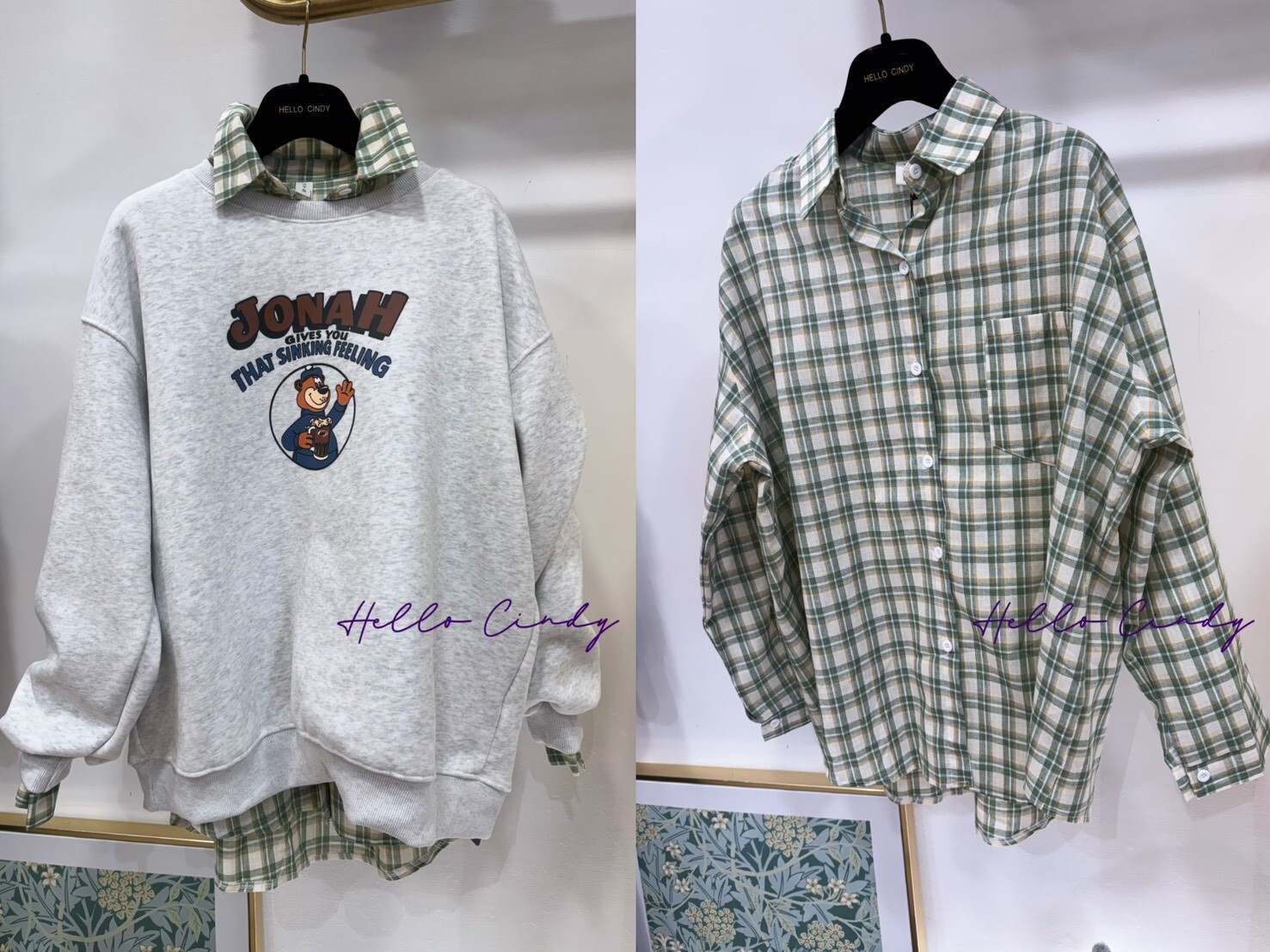 B02049 清爽的春綠色長袖格紋襯衫