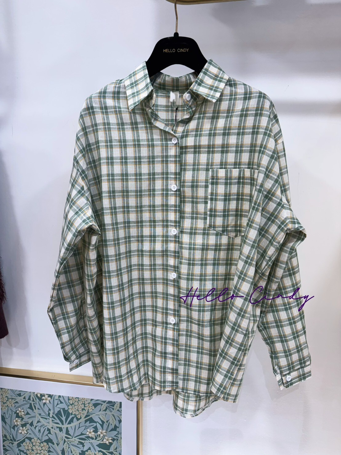 B02049 清爽的春綠色長袖格紋襯衫