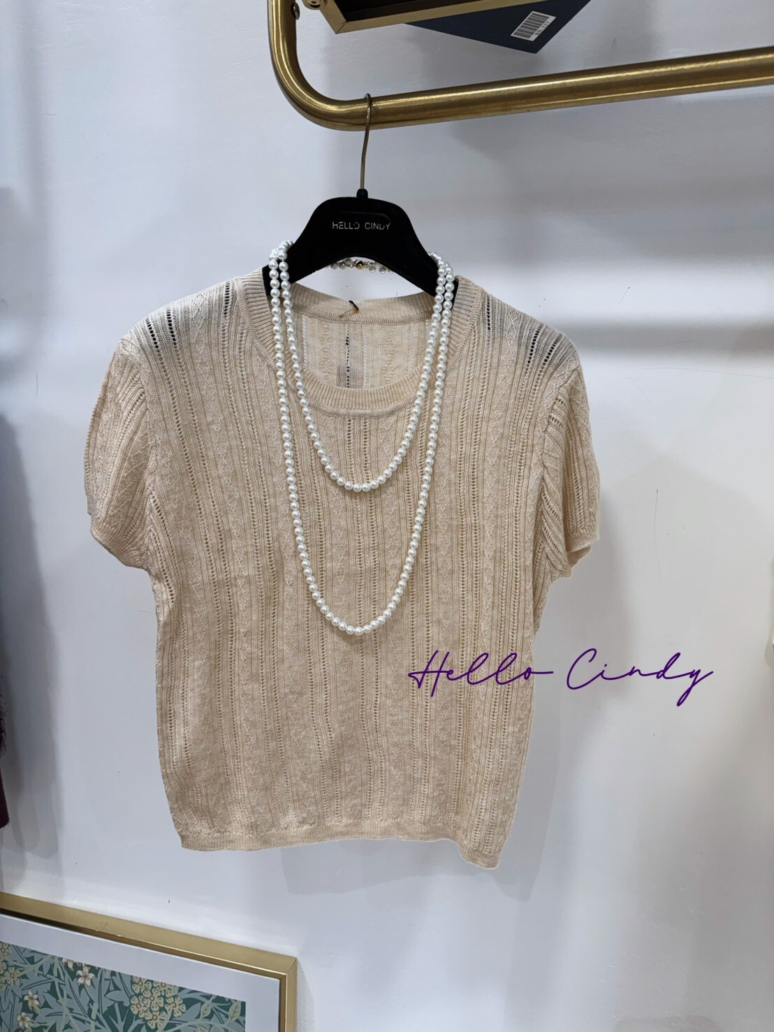 B02047 優雅顯瘦的米色混色針織短袖上衣