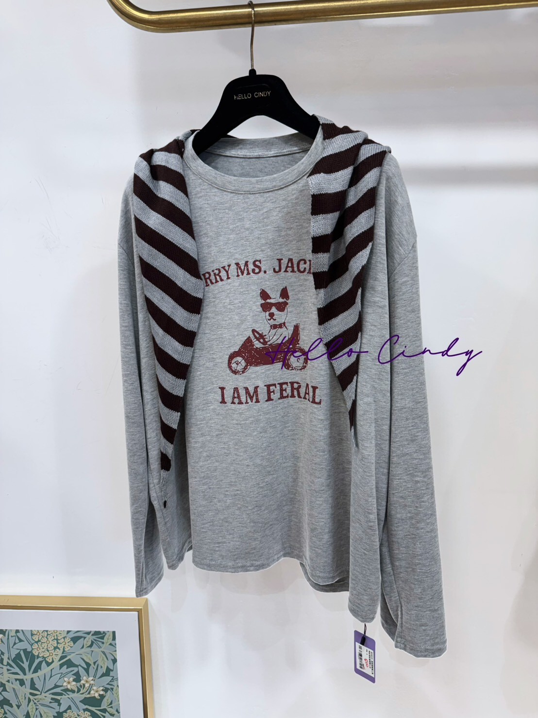 B09035 -狗狗開車車三角條紋薄長袖棉質上衣