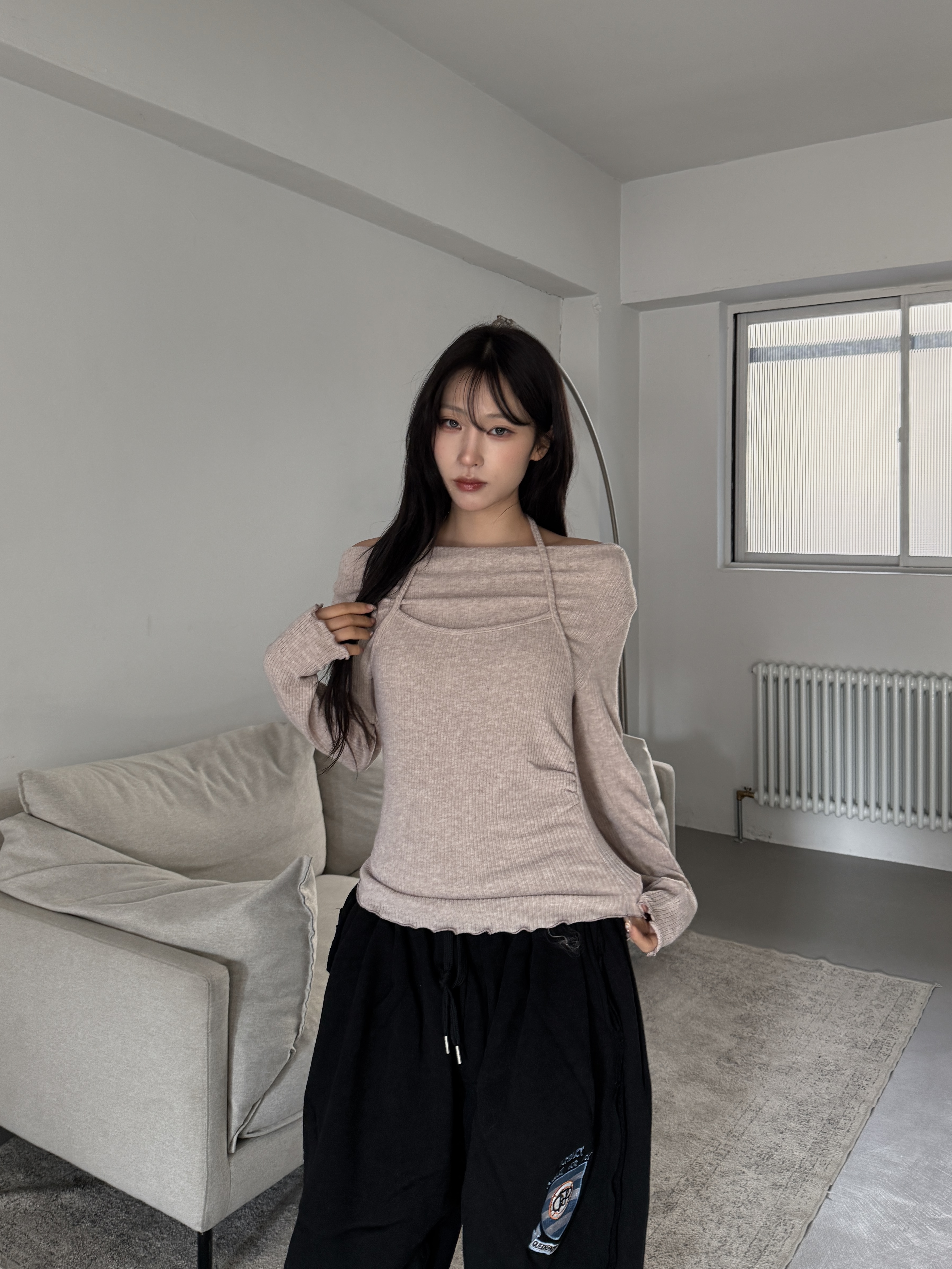 兩件式 捲邊針織長袖上衣（現貨）