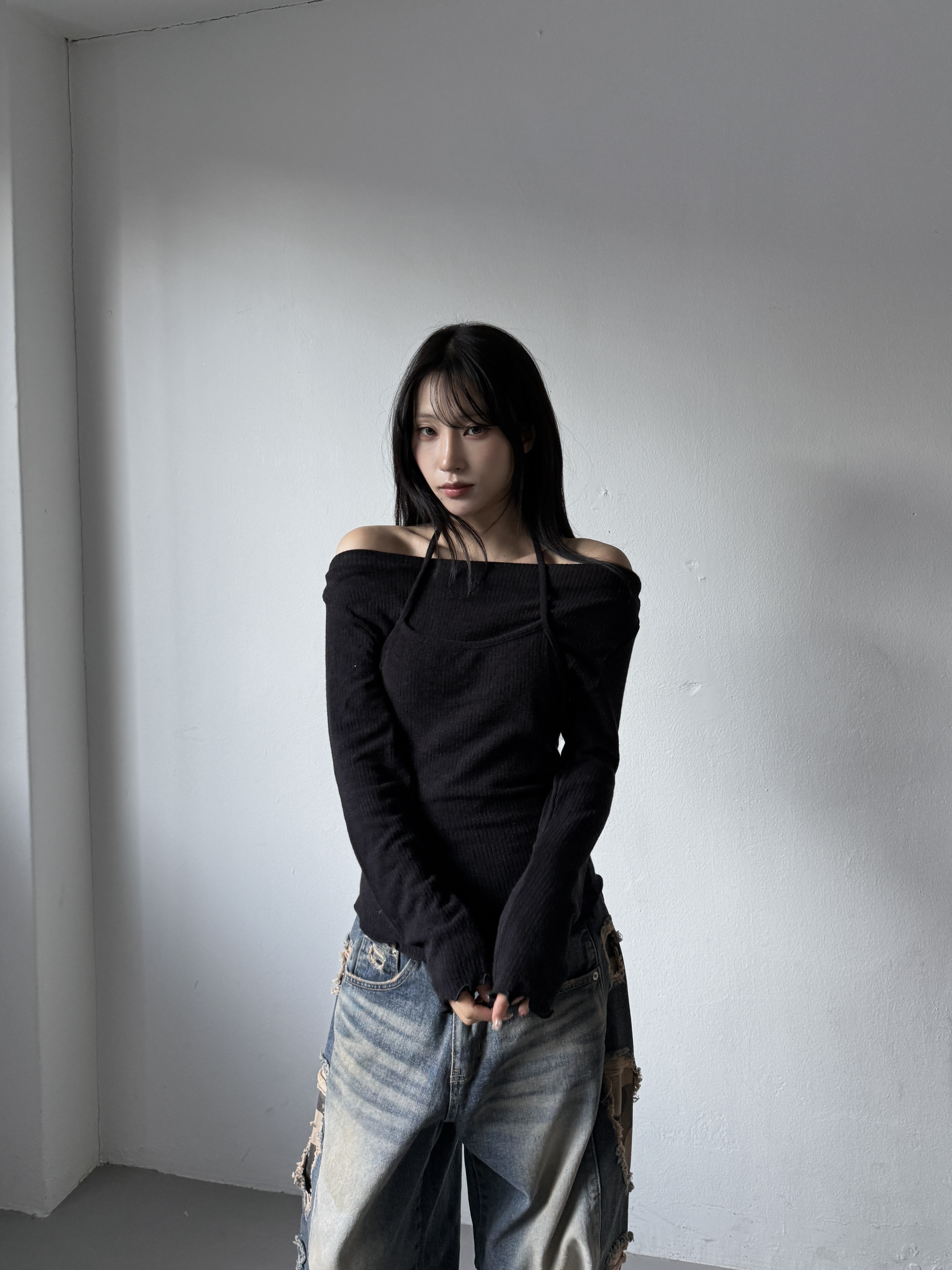 兩件式 捲邊針織長袖上衣（現貨）