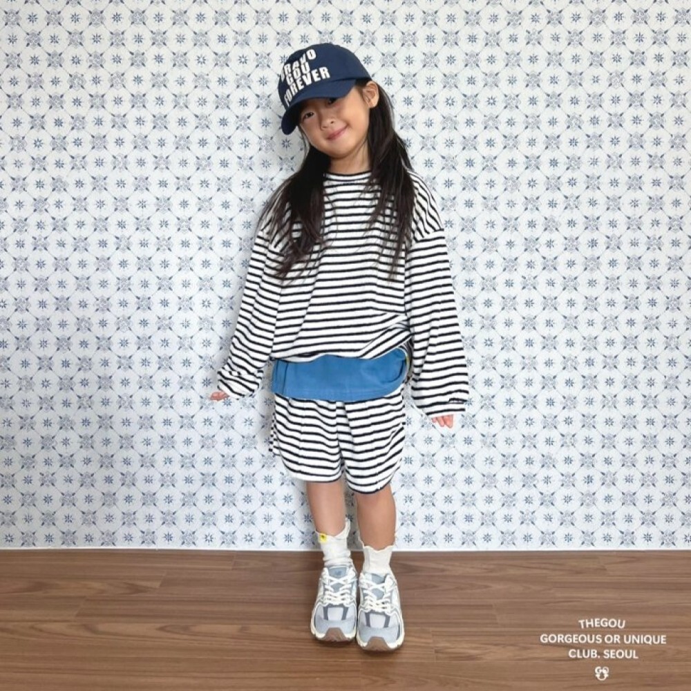 90-160 毛巾布條紋上衣+短褲套裝 4色