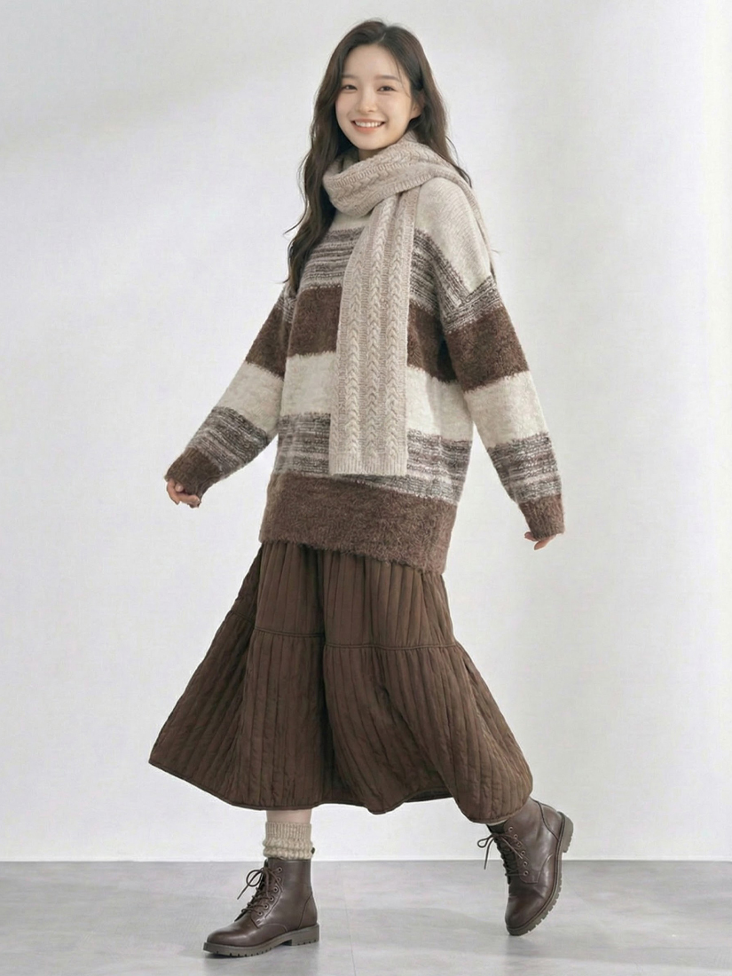 慵懶條紋長版針織鋪棉花苞感長裙組合