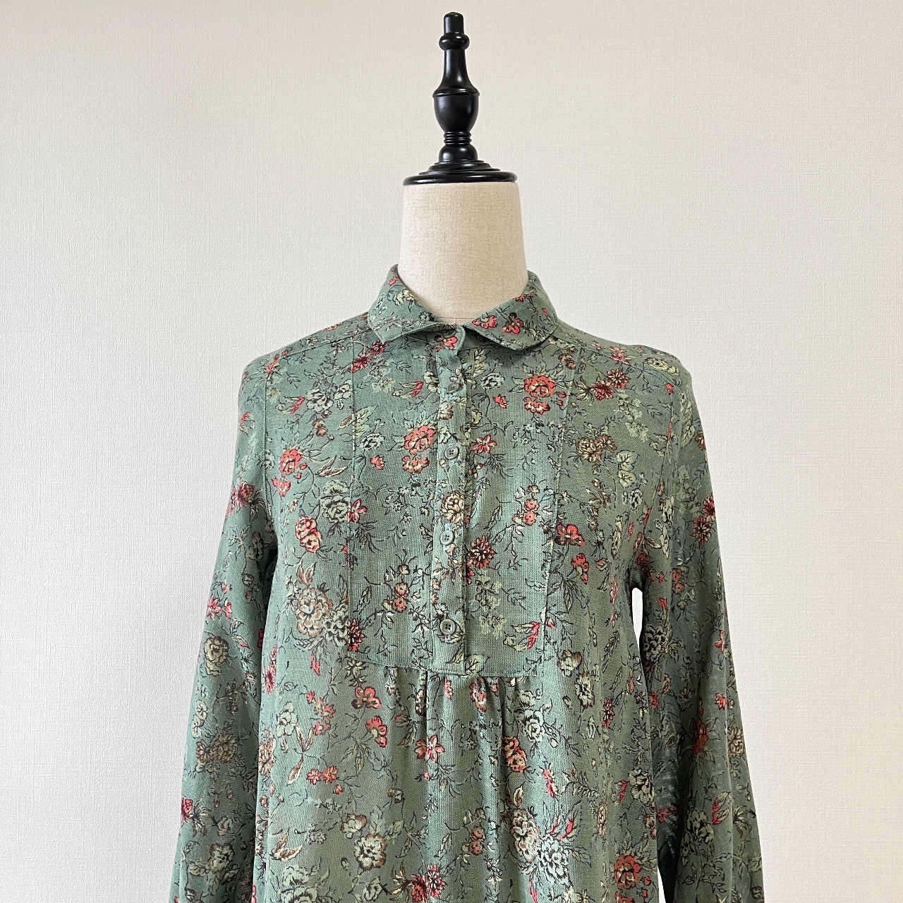 灰綠色田園碎花羊毛古著連身裙