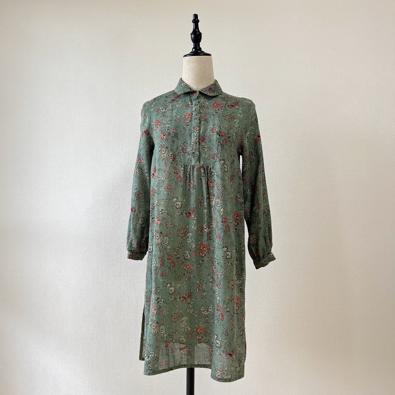 灰綠色田園碎花羊毛古著連身裙