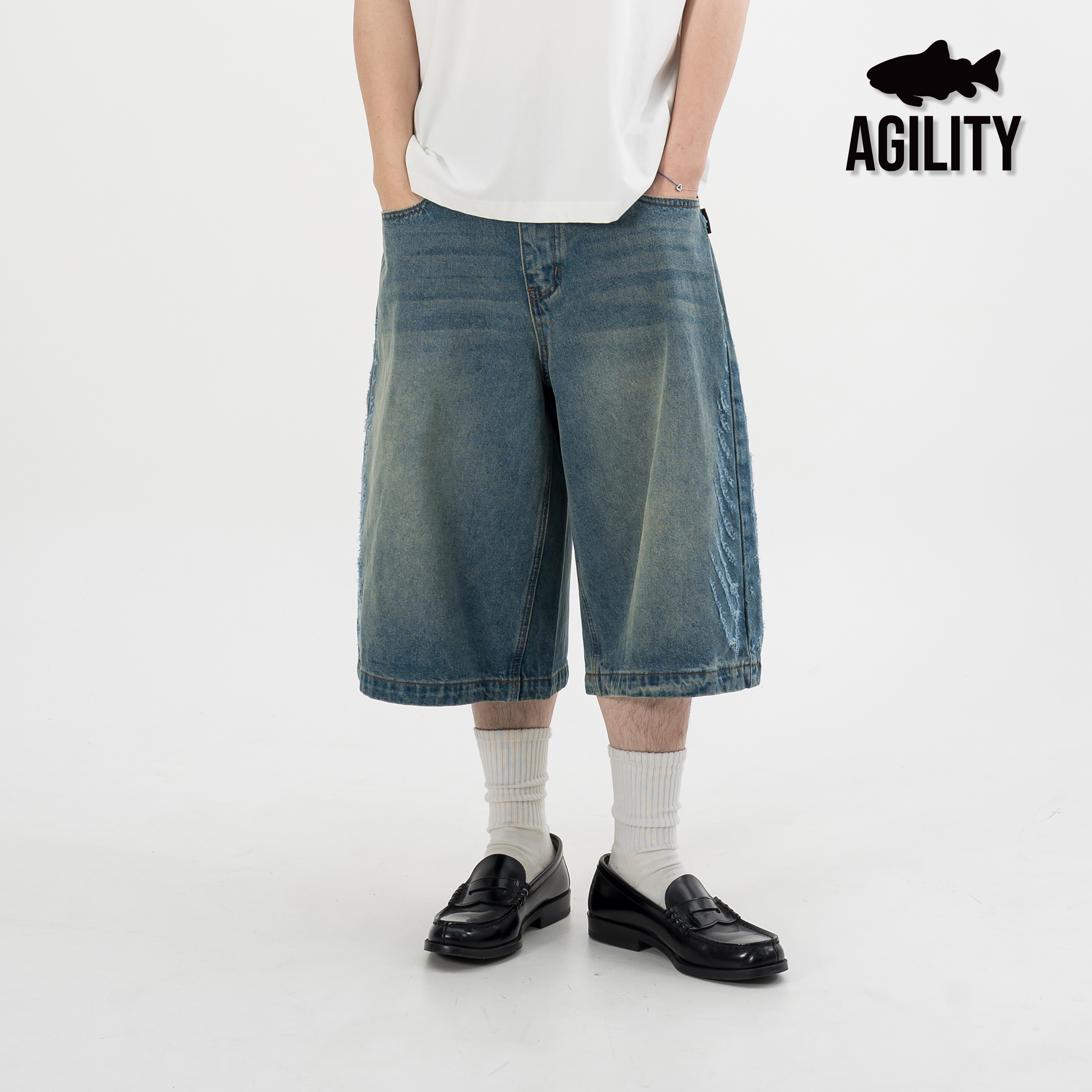 AGILITY Bones Distressed Denim Jorts 魚骨破壞 牛仔 七分短褲 [JB88]
