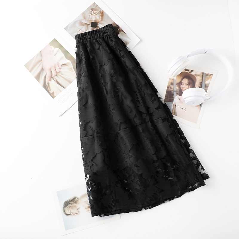 鏤空網紗花裙 黑色