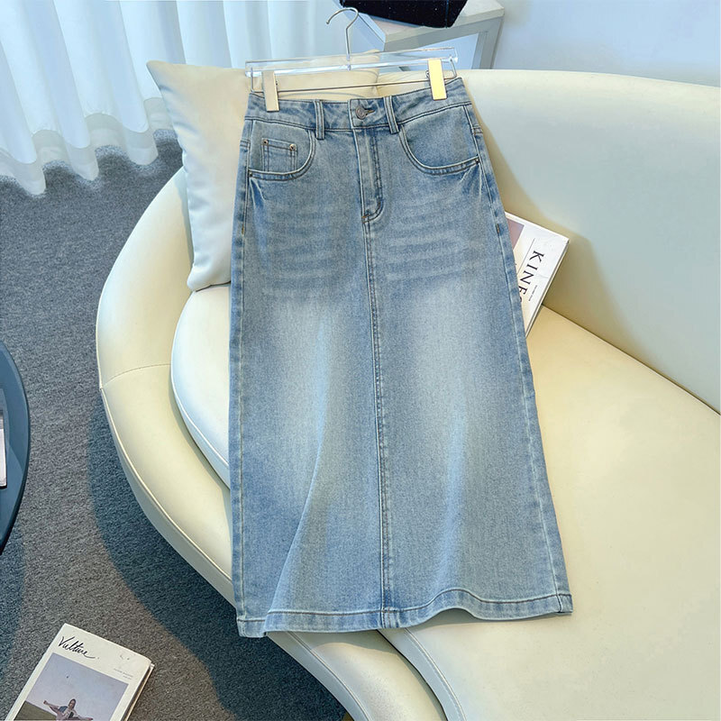後開牛仔中長裙 藍色