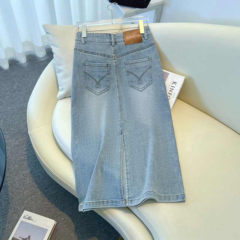 後開牛仔中長裙 藍色