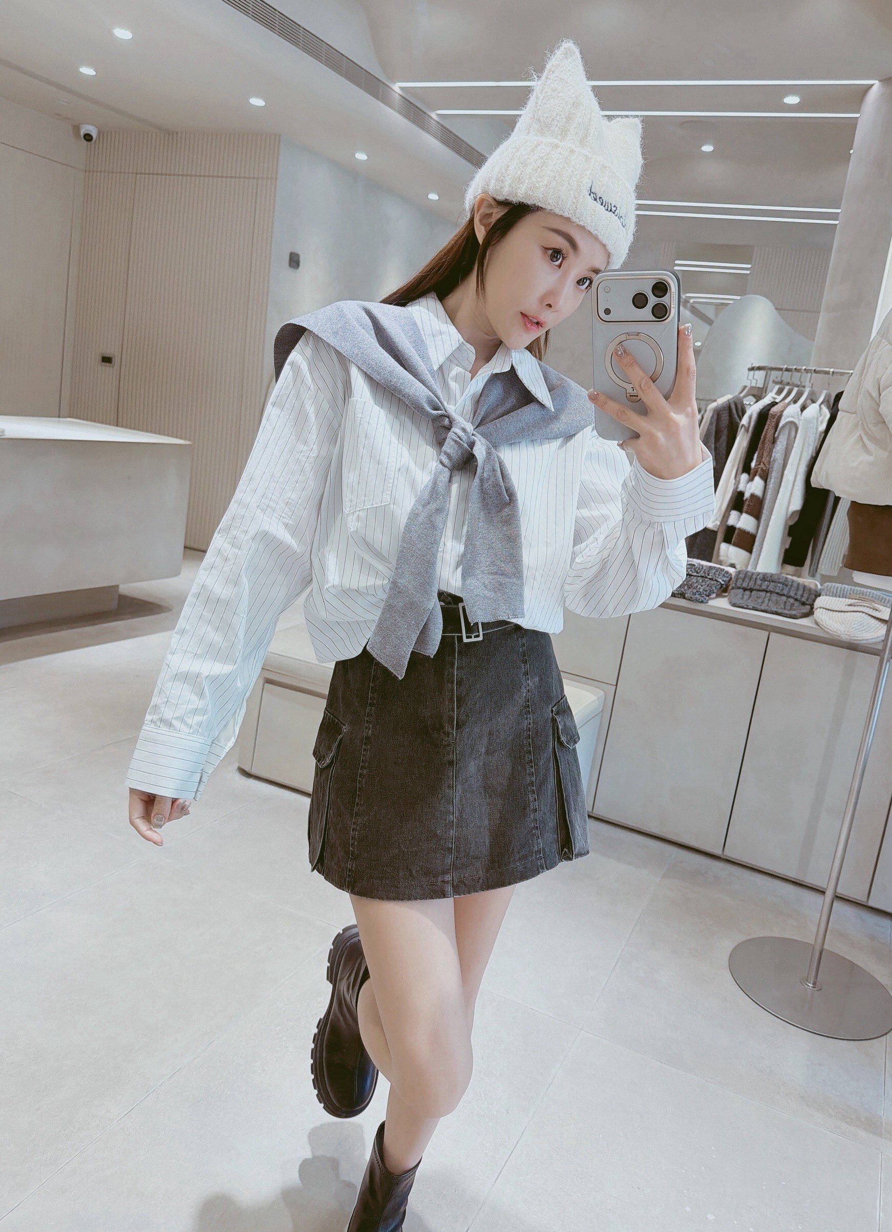 單口袋條紋襯衫+針織披肩