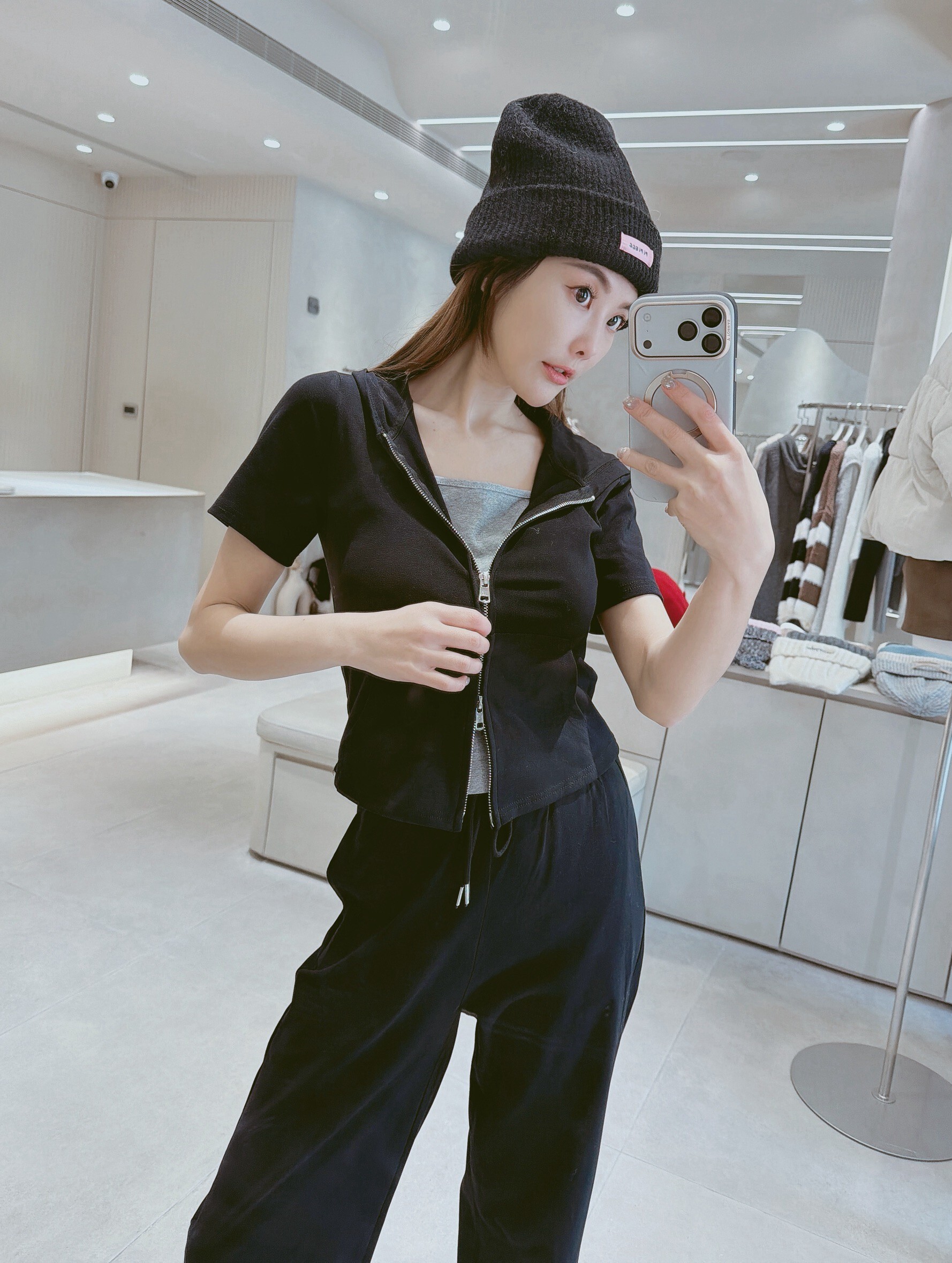 假兩件雙拉鍊連帽衣+抽繩寬褲