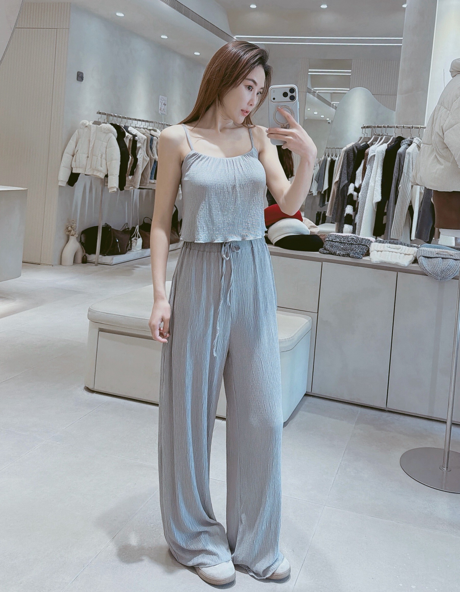 肩可調壓紋短背心+壓紋寬褲