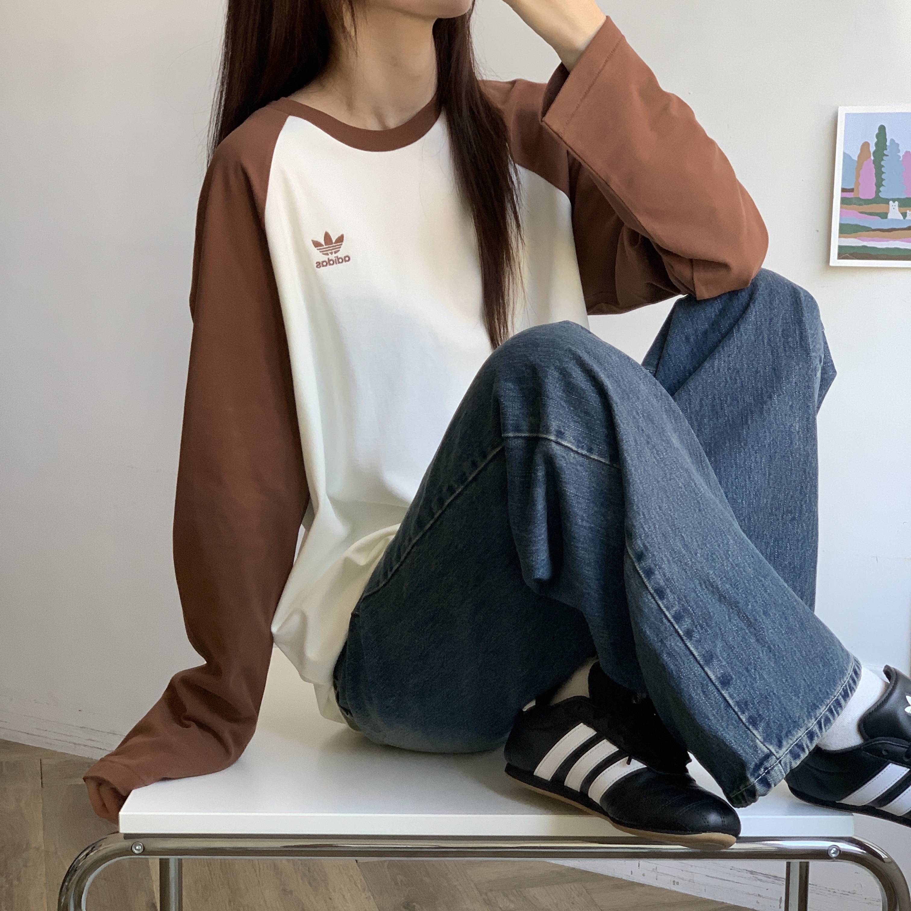 Adidas Original Adicolor 長袖上衣 白棕