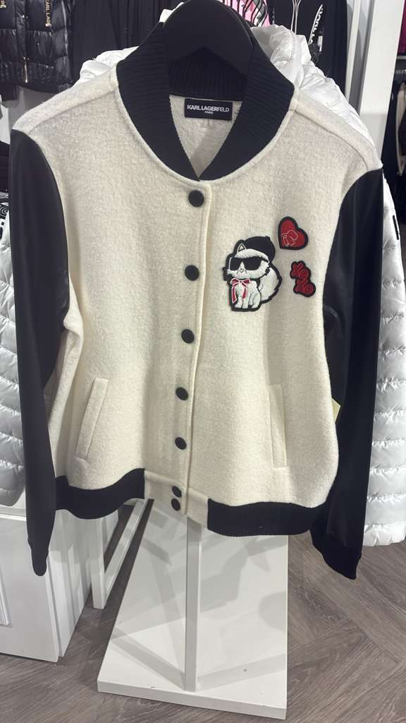 VM063 Karl lagerfeld 黑白拼色老佛貓小V領開胸啪鈕外套