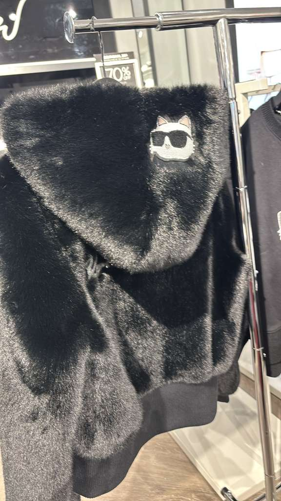 VM065 Karl lagerfeld 黑色老佛貓毛毛長袖連帽開胸外套