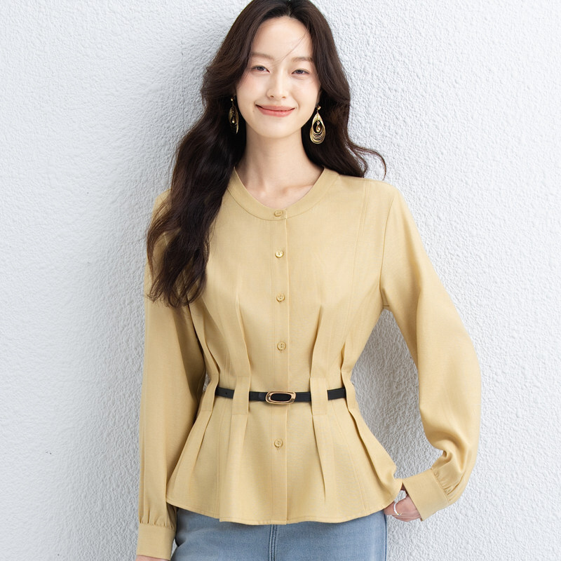 圓領收腰褶雪紡上衣 三色